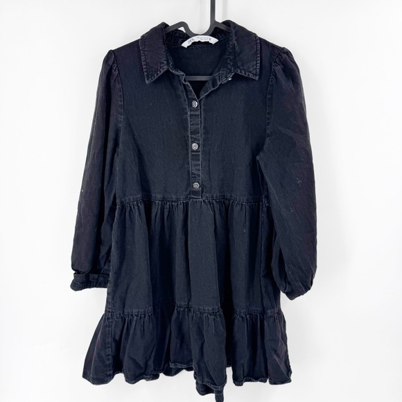 ✅ Zara Black Jewel Button Long Sleeve Denim Dress SIZE SMALL TIERED - Picture 2 of 8